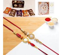 Ghasitaram Gifts Jaiccha Rakhi for Brother Rakhis Online - Set of 2 y84 and ABC 147 Pearl Ring rakhis with Asorted Bites Box and 200 GMS of Kaju katli