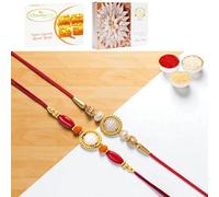 Ghasitaram Gifts Jaiccha Rakhi for Brother Rakhis Online - Set of 2 y84 and ABC 147 Pearl Ring rakhis with 200 GMS of Besan Barfi and 200 GMS of Kaju Katli