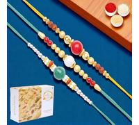 Ghasitaram Gifts Jaiccha Rakhi for Brother Rakhis Online - Set of 3 Pearl rakhis ABC (83, 87, 159) with 400 GMS of Soan Papdi
