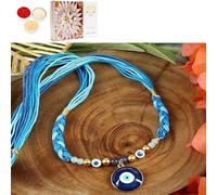 Ghasitaram Gifts Jaiccha Rakhi for Brother Rakhis Online - ST25-009-Evil Eye with Thread Weave Design Premium Rakhi with 400 GMS of Kaju katli