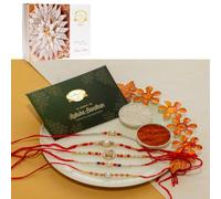 Ghasitaram Gifts Jaiccha Rakhi GIft for Brother White pooj thali with 5 rakhis with 400 gms of Kaju katli