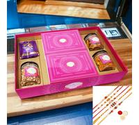 Ghasitaram Gifts Jaiccha Rakhi Gifts for Brothers-Big Hamper Tray of Sugarfree Kaju Katlis, Sugarfree Peda, Sugarfree Bites, Wheat Puffs, Moong Chakli, Roasted Chiwda with 5 rakhis