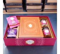 Ghasitaram Gifts Jaiccha Rakhi Gifts for Brothers Big Hamper Tray with Sugarfree Kaju Katli, 2 rakhis, Card, Wheat Puffs, Anjeer Bites, and Mixed Dryfruit Jar