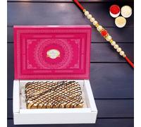 Ghasitaram Gifts Jaiccha Rakhi Gifts for Brothers Delicious Milk Cake with Chocolate with Pearl Beads Rakhi