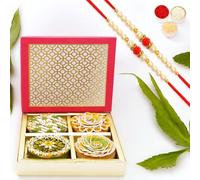 Ghasitaram Gifts Jaiccha Rakhi Gifts for Brothers Mini Mithai Cakes in Carving Box with 2 Pearl Beads Rakhi