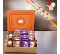 Ghasitaram Gifts Jaiccha Rakhi Gifts for Brothers Orange Hamper Box of 24 pcs MEWA and Sugarfree Anjeer Bites, Mixed Dryfruit Jar and Flavour Raisins Jar with 2 rakhis