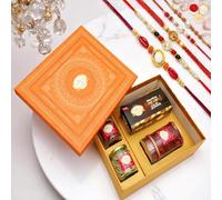 Ghasitaram Gifts Jaiccha Rakhi Gifts for Brothers Orange Hamper Box of Sweets/Bites, Namkeen and Dryfruit- Ohb-2with 5 Rakhis