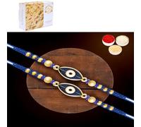 Ghasitaram Gifts Jaiccha Rakhis for Brother Rakhis Online - Set of 2 - X-86 Evil Eye Fancy Rakhi with 400 GMS of Soan Papdi
