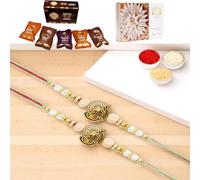 Ghasitaram Gifts Jaiccha Rakhis for Brother Rakhis Online - Set of 2 - X-87 Om Shiv Divine Rakhi with Asorted Bites Box and 200 GMS of Kaju katli