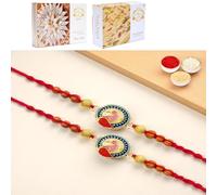 Ghasitaram Gifts Jaiccha Rakhis for Brother Rakhis Online - Set of 2 - Y-221 Peacock Divine Rakhi with 200 GMS of Kaju katli and 200 GMS of Soan Papdi