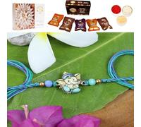 Ghasitaram Gifts Jaiccha Rakhis for Brother Rakhis Online - ST24-130- Printed Stone Ganpati Divine Rakhi with Asorted Bites Box and 200 GMS of Kaju katli
