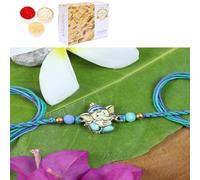 Ghasitaram Gifts Jaiccha Rakhis for Brother Rakhis Online - ST24-130- Printed Stone Ganpati Divine Rakhi with 400 GMS of Soan Papdi