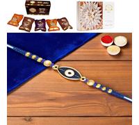 Ghasitaram Gifts Jaiccha Rakhis for Brother Rakhis Online - X-86 Evil Eye Fancy Rakhi with Asorted Bites Box and 200 GMS of Kaju katli
