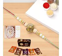 Ghasitaram Gifts Jaiccha Rakhis for Brother Rakhis Online - X-87 Om Shiv Divine Rakhi with Asorted Bites Box and 200 GMS of Kaju katli
