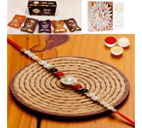 Ghasitaram Gifts Rakhi for Brother Rakhis Online - ABC-22 Pearl Beads Rakhi with Asorted Bites Box and 200 GMS of Kaju katli