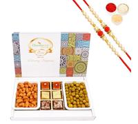 Ghasitaram Gifts Rakhi Gifts for Brothers Assorted Festive Box of Assorted Bites, Crunchy Cashews, Crunchy Peanuts with 2 Pearl Beads Rakhis