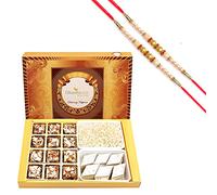 Ghasitaram Gifts Rakhi Gifts for Brothers Big Box of 12 Pcs Sugarfree Bites, Sugarfree Kaju Katli and Diet Chiwda with 2 Pearl Rakhis