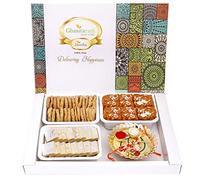 Ghasitaram Gifts Rakhi Gifts for Brothers Big Box of Kaju Katlis, Methi Mathi, Dodha Barfi, Pooja Thali and Bhaiya Bhabhi Rakhis