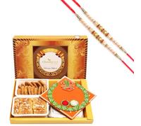 Ghasitaram Gifts Rakhi Gifts for Brothers Big Box of Mysoare Pak, Methi Mathi and Orange Ganesha Pooja Thali with 2 Pearl Rakhis