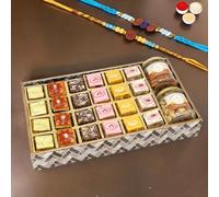 Ghasitaram Gifts Rakhi Gifts for Brothers Big Printed Tray of Assorted Bites, Roasted Cashews and Almonds Jars with 2 Blue Rudraksh Rakhis