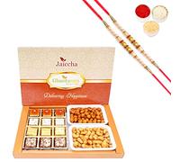 Ghasitaram Gifts Rakhi Gifts for Brothers Dryfruit - Big Box of Assorted Bites, Crunchy Cashews and Crunchy Peanuts with 2 Pearl Rakhis