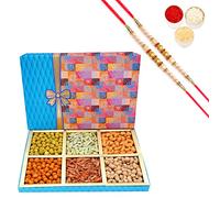 Ghasitaram Gifts Rakhi Gifts for Brothers Dryfruit - Fruit n Nut 6 Parti Box of Crunchy Cashews,Crunchy Peanuts and Flavoured Raisins 600 GMS with 2 Pearl Rakhis