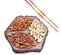 Ghasitaram Gifts Rakhi Gifts for Brothers Dryfruit - Hexagon Log Platter with Cashews Almonds and Chilly Raisins with 2 Pearl Rakhis