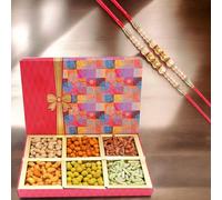 Ghasitaram Gifts Rakhi Gifts for Brothers Fruit n Nut 6 Parti Box of Crunchy Cashews,Crunchy Peanuts and Flavoured Raisins 300 GMS with 2 Pearl Rakhis