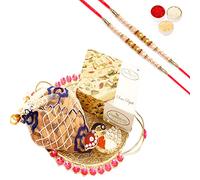 Ghasitaram Gifts Rakhi Gifts for Brothers Mesh Tray with Soan Papdi, Almonds Pouch and Peacock Tika Chawal Container with 2 Pearl Rakhis