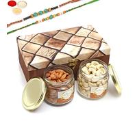 Ghasitaram Gifts Rakhi Gifts for Brothers Miracle Box of 2 Jars of Cashews and Almonds with 2 Green Beads Rakhis