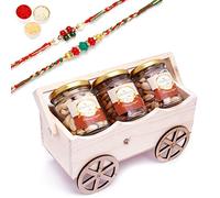 Ghasitaram Gifts Rakhi Gifts for Brothers Natural Wooden Cart with Almonds, Cashews and Pistachios Jars with 2 Rakhis