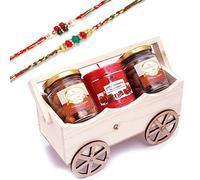 Ghasitaram Gifts Rakhi Gifts for Brothers Natural Wooden Cart with Crunchy Cashews, Scented Candle and Chocolate Coated Almonds with 2 Rakhis