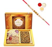Ghasitaram Gifts Rakhi Gifts for Brothers Rakhi Chocolate Big Box of Walnut Chocolate Bark, Almonds and Cashews Pouch with Pearl Rakhi