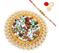 Ghasitaram Gifts Rakhi Gifts for Brothers Rakhi Chocolate Crystal Stone Chocolate Thali with Pearl Rakhi