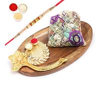 Ghasitaram Gifts Rakhi Gifts for Brothers Rakhi Chocolate Wooden Platter with Pooja Thali and Stone Chocolate Pouch with Pearl Rakhi