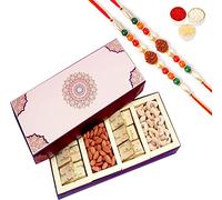Ghasitaram Gifts Rakhi Gifts for Brothers Rakhi Dryfruit Hampers - Long Fusion Cashews,Almonds, Chocolates Box Hamper with 2 Rudraksh rakhis