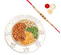 Ghasitaram Gifts Rakhi Gifts for Brothers Rakhi Dryfruit Hampers - Om Thali with Almonds, Pistachios, Mango and Kiwi Fruit with Pearl Rakhi
