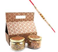 Ghasitaram Gifts Rakhi Gifts for Brothers Rakhi Dryfruits 2 Jars Bag Box of Almonds and Raisins with Pearl Rakhi