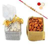 Ghasitaram Gifts Rakhi Gifts for Brothers Rakhi Dryfruits- Dryfruit Pouches with Pearl Rakhi