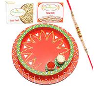 Ghasitaram Gifts Rakhi Gifts for Brothers Rakhi Pooja Thalis- Reflection of Love with Pearl Rakhi with 200 GMS of Kaju katli and 200 GMS of Soan Papdi
