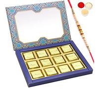Ghasitaram Gifts Rakhi Gifts for Brothers Rakhi Sugafree Chocolates - 12 pcs Blue Printed Roasted Almond Sugafree Chocolates Box with Pearl Rakhi