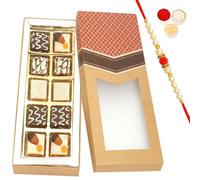 Ghasitaram Gifts Rakhi Gifts for Brothers Rakhi Sweets - 10 pcs Assorted Choco Dryfruit Bites Kraft Box with Beads Rakhi