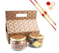 Ghasitaram Gifts Rakhi Gifts for Brothers Rakhi Sweets - 2 Jars Bag Box of Assorted Bites and Almonds with 2 Pearl Beads Rakhis