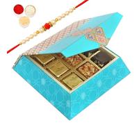 Ghasitaram Gifts Rakhi Gifts for Brothers Rakhi Sweets - 9 pcs Assorted Bites SQ Box with Beads Rakhi