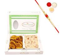 Ghasitaram Gifts Rakhi Gifts for Brothers Rakhi Sweets - Bhakar Wadi and Soan Papdi Hamper with Pearl Beads Rakhi