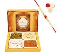 Ghasitaram Gifts Rakhi Gifts for Brothers Rakhi Sweets - Big Box of Kaju Katli, SOYA Sev, Cashew Shaped Biscuits and Palak Potato Chips with Pearl Beads Rakhi