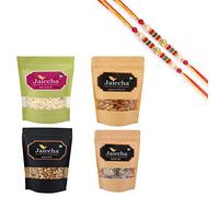 Ghasitaram Gifts Rakhi Gifts for Brothers Rakhi Sweets - Healthy Hamper Sugarfree Anjeer Bites; Wheat Puffs, Diet Chiwda and Almonds Pouch with 2 Pearl Beads Rakhis