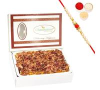 Ghasitaram Gifts Rakhi Gifts for Brothers Rakhi Sweets - Mango Chocolate Rose Petal Mithai Cake with Pearl Beads Rakhi