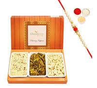 Ghasitaram Gifts Rakhi Gifts for Brothers Rakhi Sweets - Soan Papdi,Cashew Shaped Biscuits and Palak Potato Chips with Pearl Beads Rakhi