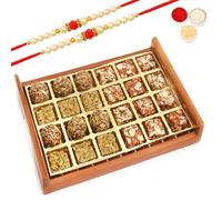 Ghasitaram Gifts Rakhi Gifts for Brothers Rakhi Sweets - Wooden Sugarfree Sweets and Healthy Seeds Bites Serving Tray with 2 Beads Rakhi